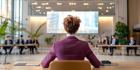Poster - Professional in suit leading business meeting with audience