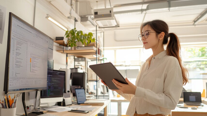 Poster - Efficient business professional analyzing growth metrics in modern office