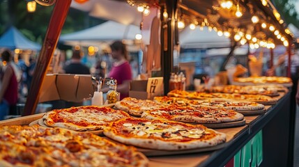 Wall Mural - A vibrant pizza stand at an outdoor festival serving freshly baked slices