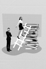 Wall Mural - Vertical collage picture of two black white colors business people crossed hands climb big pile stack book ladder isolated on drawing background