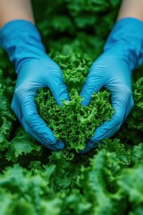 Wall Mural - Hands holding fresh green lettuce in a farm environment