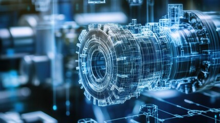 Poster - Complex wireframe model of a turbine rotating, showcasing advanced engineering and manufacturing processes in a high tech industrial environment, integrating virtual design with physical production
