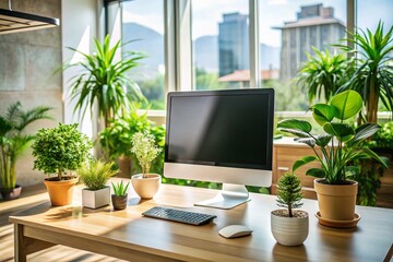 Poster - Modern Office Desk Mockup: Blank Computer Screen with Plants