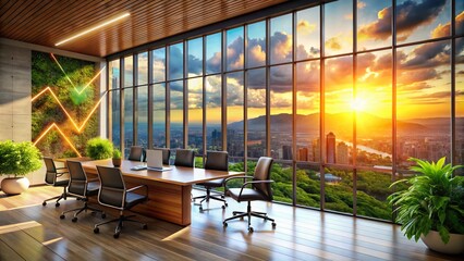 Poster - Modern Office Panorama: Luxurious Workspace with Stunning View & Financial Growth Chart