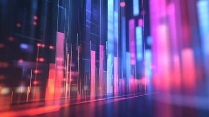 Poster - A D animated bar chart displayed on a large screen, showing real-time financial data and trends, with a team of professionals discussing the insights.