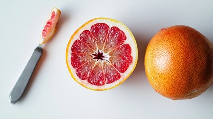 A Ruby Red Grapefruit Sliced Perfectly: A Juicy Citrus Delight on White Background