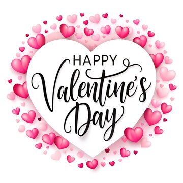 Valentine's Day image featuring hanging pink and red hearts with festive typography