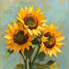 Poster - Vibrant Sunflowers Oil Painting Impasto Style Summer Blooms Artistic Floral Artwork