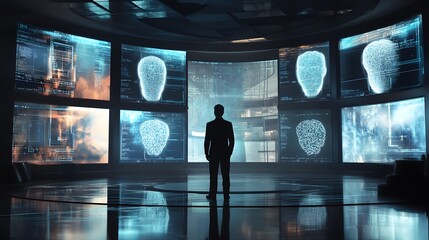 Poster - Man Observing Brain Scans on Multiple Screens