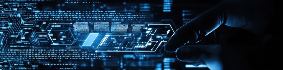 Digital technology, binary code stream, glowing blue data, futuristic interface, abstract cyber landscape, information flow, network connections, technological background, digital transformation, data