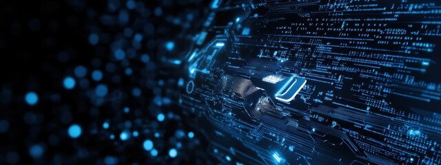 Digital technology, binary code stream, glowing blue data, futuristic interface, abstract cyber landscape, information flow, network connections, technological background, digital transformation, data