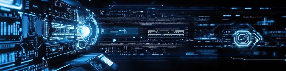 Digital technology, binary code stream, glowing blue data, futuristic interface, abstract cyber landscape, information flow, network connections, technological background, digital transformation, data