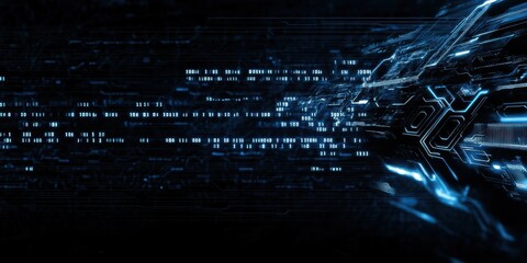 Digital technology, binary code stream, glowing blue data, futuristic interface, abstract cyber landscape, information flow, network connections, technological background, digital transformation, data