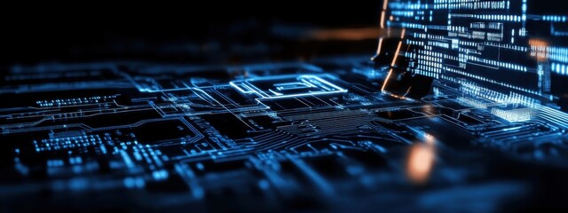 Digital technology, binary code stream, glowing blue data, futuristic interface, abstract cyber landscape, information flow, network connections, technological background, digital transformation, data