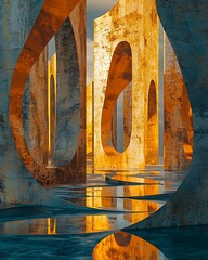 Sticker - A stunning abstract scene featuring archways reflecting in water, illuminated by golden light, creating a captivating and serene atmosphere.