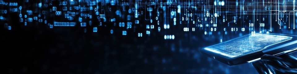 Digital technology, binary code stream, glowing blue data, futuristic interface, abstract cyber landscape, information flow, network connections, technological background, digital transformation, data