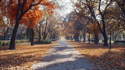 Wall Mural - a serene pathway lined with autumn trees, showcasing vibrant orange and yellow leaves, creating a pi