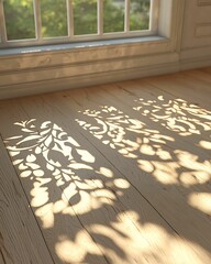 Wall Mural - Light filters through a window, casting intricate floral shadows on a wooden floor, creating a serene and warm atmosphere.