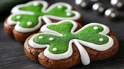 Wall Mural - Delicious brown cookies decorated with green shamrock icing, perfect for St. Patrick's Day celebrations.