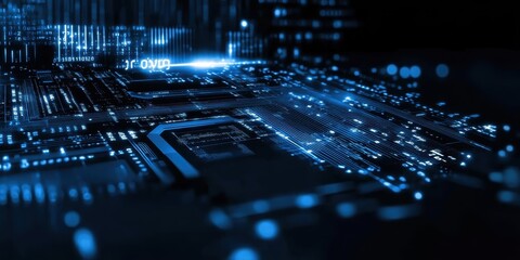 Digital technology, binary code stream, glowing blue data, futuristic interface, abstract cyber landscape, information flow, network connections, technological background, digital transformation, data