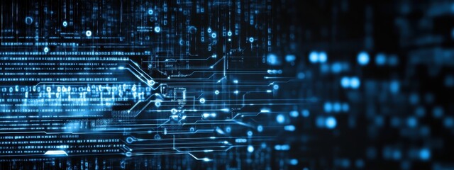 Digital technology, binary code stream, glowing blue data, futuristic interface, abstract cyber landscape, information flow, network connections, technological background, digital transformation, data