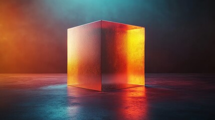 Poster - A cube made of glass is lit up with a warm orange glow