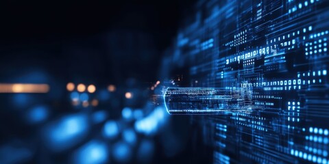 digital technology, binary code stream, glowing blue data, futuristic interface, abstract cyber land