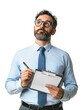 © DOUGLAS - thoughtful man in professional outfit holding clipboard and pen, appearing to analyze or evaluate something with focus and curiosity