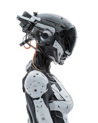 Poster - Side profile of futuristic female cyborg with cybernetic enhancements, featuring sleek helmet and intricate mechanical details, evoking high tech cyberpunk aesthetic