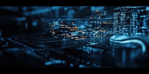 Digital technology, binary code stream, glowing blue data, futuristic interface, abstract cyber landscape, information flow, network connections, technological background, digital transformation, data