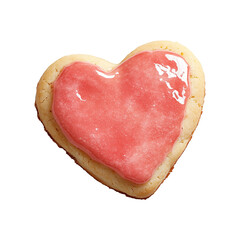 Poster - Heart shaped sugar cookie with pink icing, showcasing glossy texture and sweet appeal, perfect for Valentine Day or special occasions