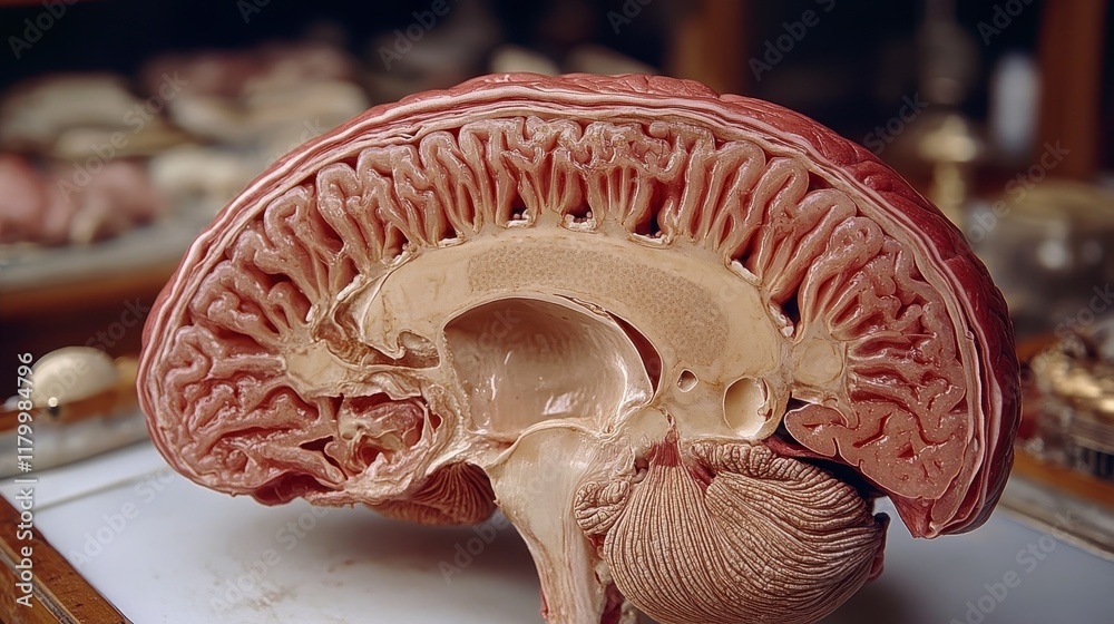 Sagittal section of a human brain, showcasing its intricate internal ...