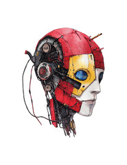 Poster - vibrant watercolor illustration of robot face with red and yellow panels, intricate mechanical details, and futuristic design, evoking sense of innovation and creativity