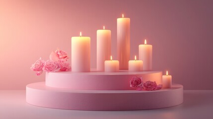 Wall Mural - Circular podium with romantic candles placed around it, set against a soft gradient pink background