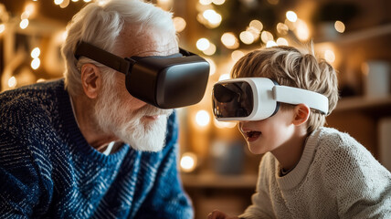 Aufkleber - elderly man and young boy share joyful moment exploring virtual reality together, surrounded by warm lights in cozy indoor setting