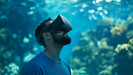 Poster - man wearing VR headset explores immersive underwater virtual reality experience, surrounded by vibrant aquatic scenery and glowing coral reefs