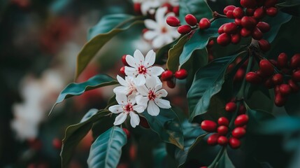 Wall Mural - close up photo of coffee plant in full bloom, with delicate white flowers and red beans