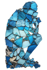 Poster - Silhouette of person in thoughtful pose created with mosaic of blue seashell like glass pieces, isolated on transparency background, evoking serene and artistic expression