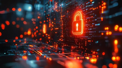 Poster - A glowing digital padlock symbol on a futuristic interface, symbolizing data security and protection in a high-tech world