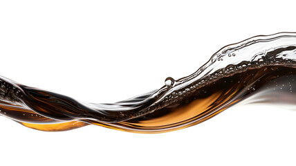 Poster - dynamic close up of dark brown liquid flowing in smooth wave, with bubbles and reflections creating sense of motion and texture against transparency background