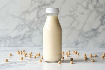 Poster - Bottle of soy milk is standing on a white marble surface surrounded by soybeans