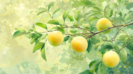Poster - Fresh citrus fruits hanging from a branch in a vibrant garden during a sunny afternoon