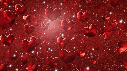 Poster - A Symphony of Hearts: Red hearts dance and shimmer, a radiant spectacle of love and romance in a sparkling red backdrop.  