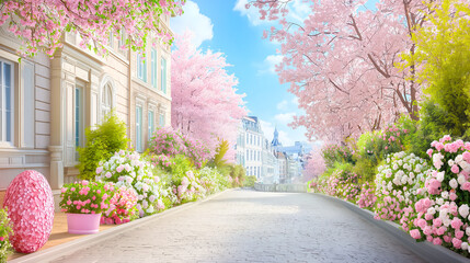 Poster - Charming European-style street lined with blooming pink cherry blossoms and lush floral decorations on a sunny day.