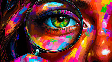 Poster - Brightly colored eye magnified by a lens showcasing vibrant details in an artistic expression