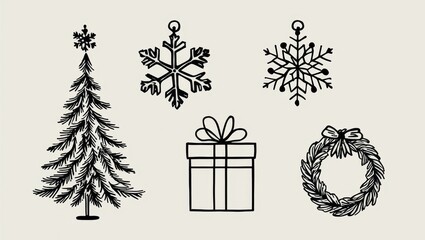 Wall Mural - Hand drawn Christmas Icons Tree Snowflakes Gift Wreath Festive Holiday Design Elements