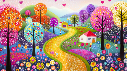 Poster - Colorful floral landscape with vibrant trees and a winding path under a soft sky