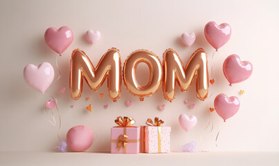 Wall Mural - Happy mothers day decoration background with gift box, balloon, mom text, copy space text, 3D rendering illustration