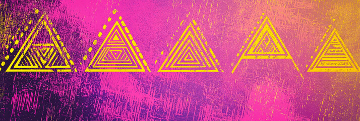 Fototapete - Vivid triangular patterns in yellow are arranged sequentially on a bright purple and orange background, showcasing intricate line work and designs