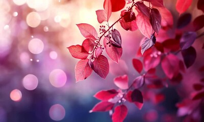 Sticker - Romantic floral design with pink and red leaves, bokeh light effects, and heart shapes on a soft gradient background.